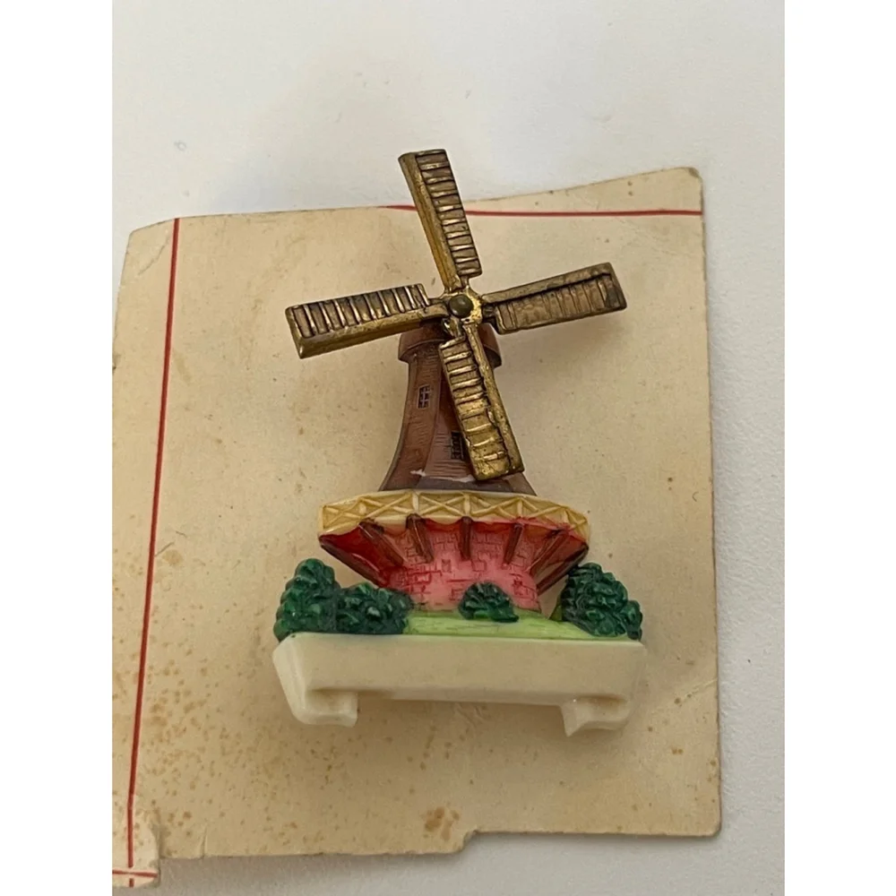 Vintage Gold Red Windmill Pin Brooch celluloid